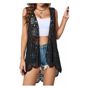 Black Crochet Swim Cover-Up Lace Vest Boho Sleeveless